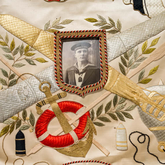 A large silk China-embroidery picture, military service record, and certificate belonging to artilleryman Theodor Krolikowski, 1903&ndash;1906