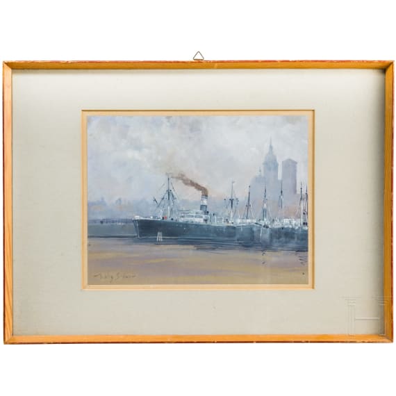 Willy St&ouml;wer (1864 - 1931) - Gouache mit Hafenansicht von Stralsund