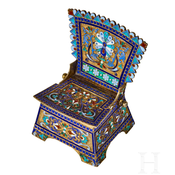 A silver-gilt and cloisonn&eacute; enamel salt chair, Russia, Moscow, Ivan Saltykov, 1889