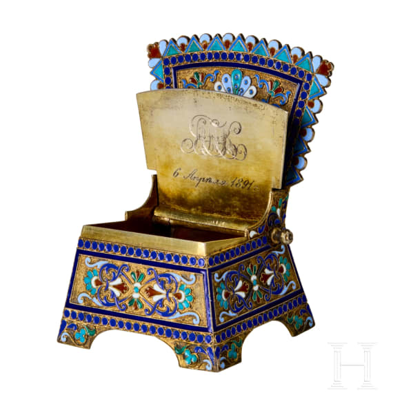 A silver-gilt and cloisonn&eacute; enamel salt chair, Russia, Moscow, Ivan Saltykov, 1889