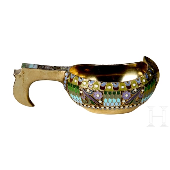 A silver-gilt and cloisonn&eacute; enamel kovsh, Russia, Moscow, Pavel Ovchinnikov, 1908-1916
