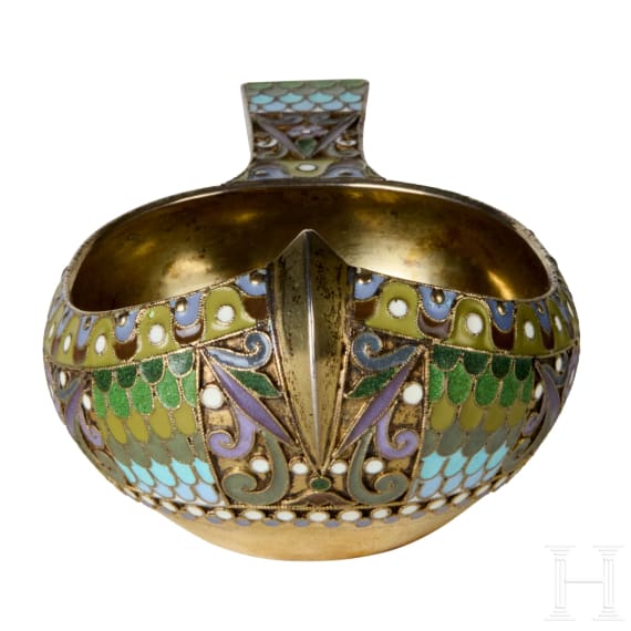 A silver-gilt and cloisonn&eacute; enamel kovsh, Russia, Moscow, Pavel Ovchinnikov, 1908-1916
