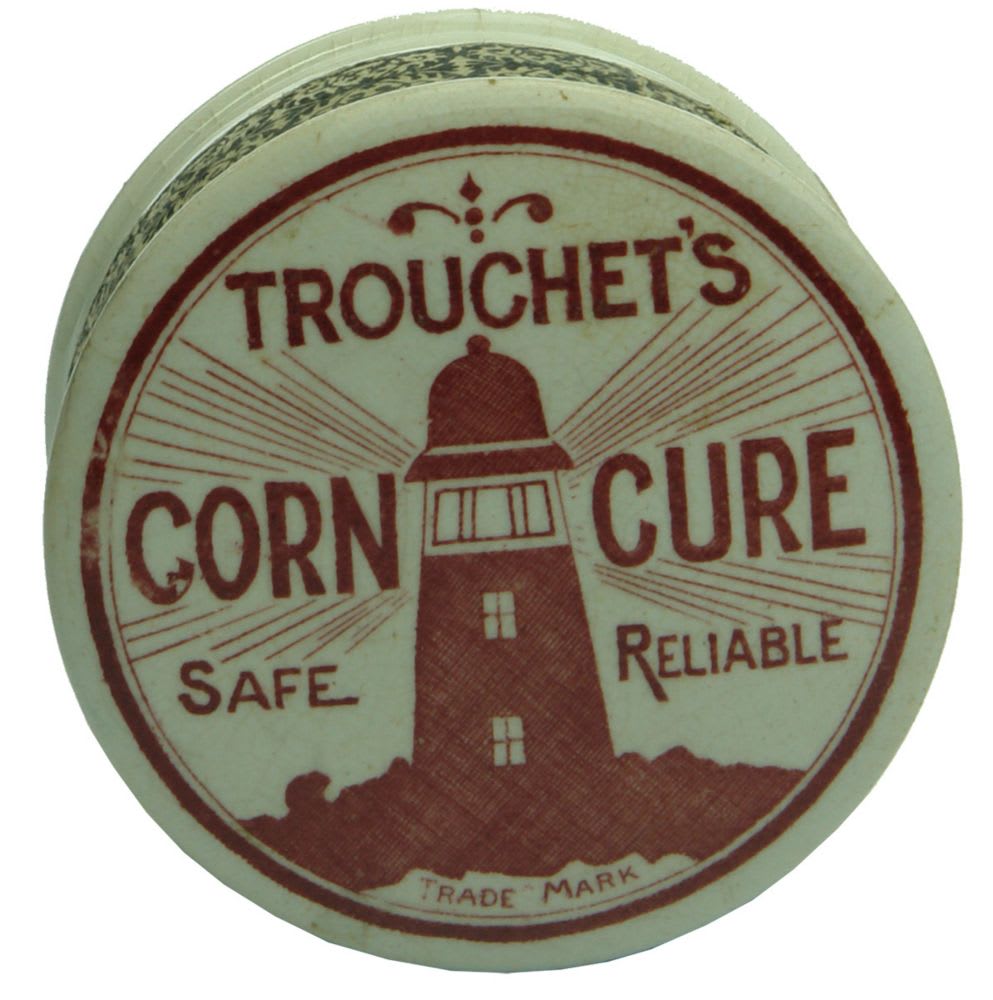 Trouchet's Corn Cure Pot Lid, Red Print with contents.