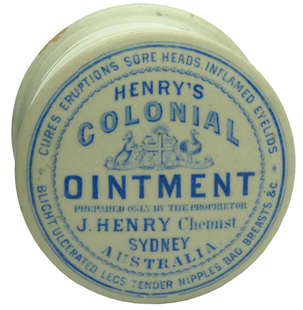 Henry's Colonial Ointment, Sydney Blue on White Pot Lid.
