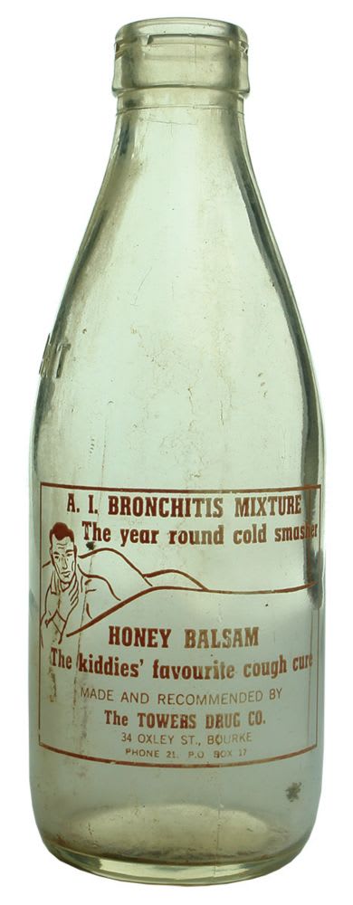 Ceramic Label Milk. Towers Drug Co., Bourke advertising.