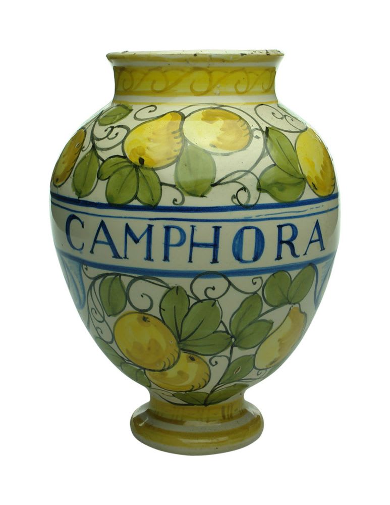 Chemist Jar. Camphora. Multicoloured tin glaze.