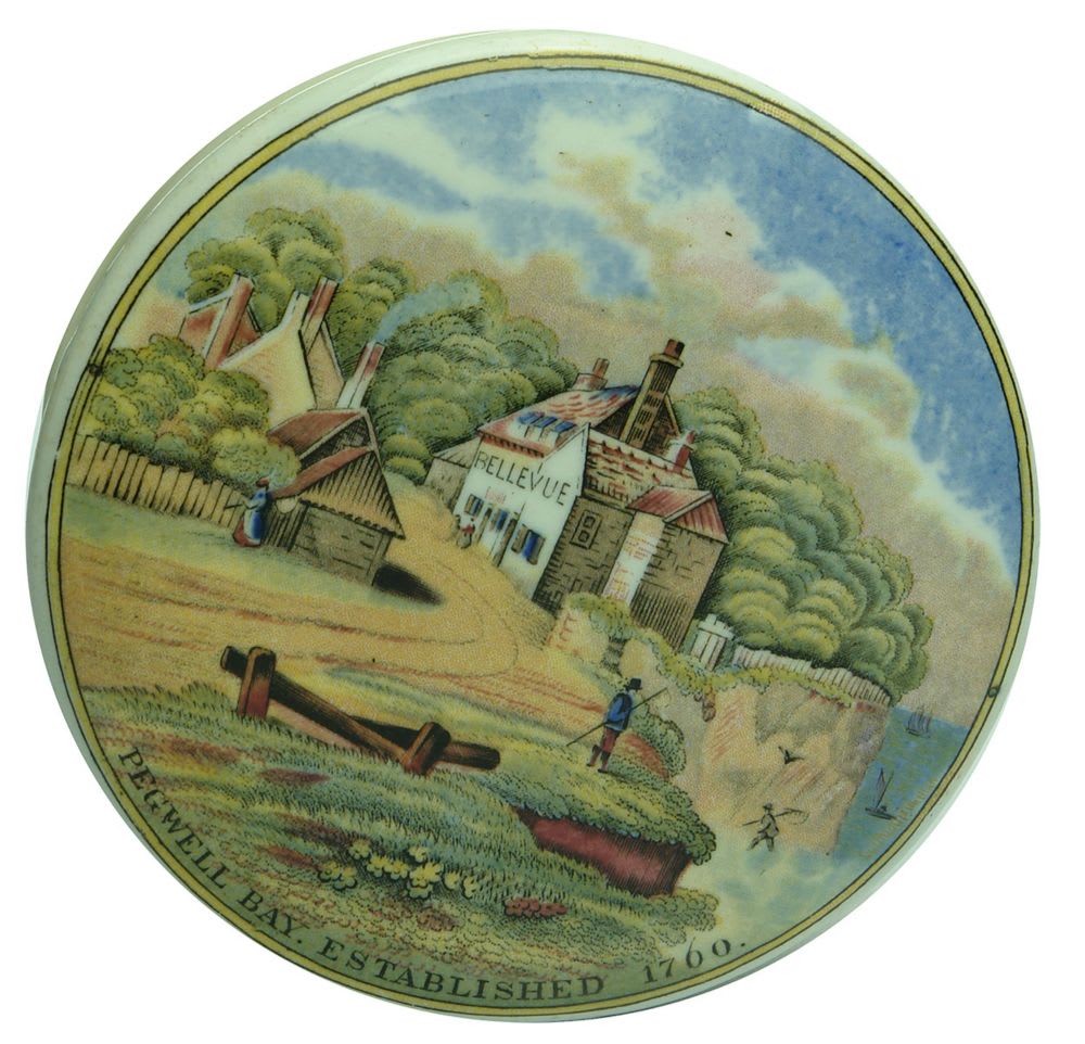 Pot Lid. Prattware. Multi-coloured. Bellevue Tavern, Pegwell Bay.