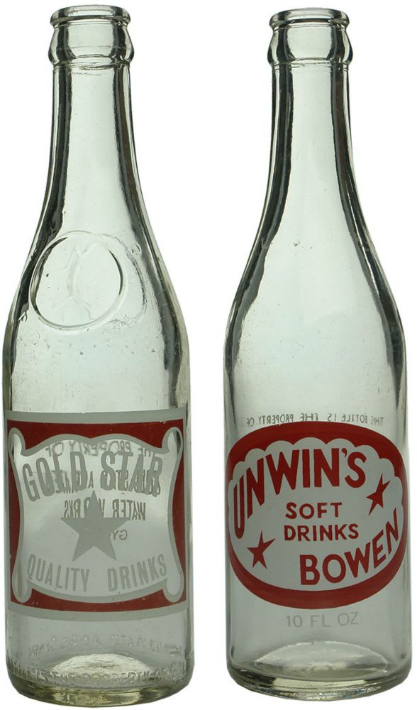 Two 10 oz Ceramic Label Crown Seals. Gold Star Aerated Water Works, Gympie and Unwin's Soft Drinks, Bowen.