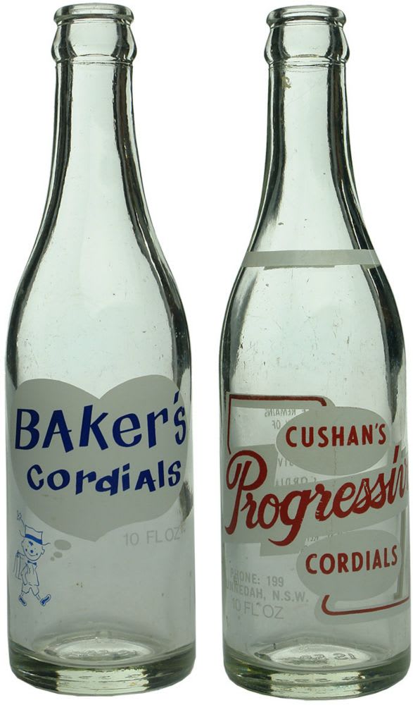 Two 10 oz Ceramic Label Crown Seals. Baker's Cordials Boggabri and Cushan's Progressive Cordials, Gunnedah.