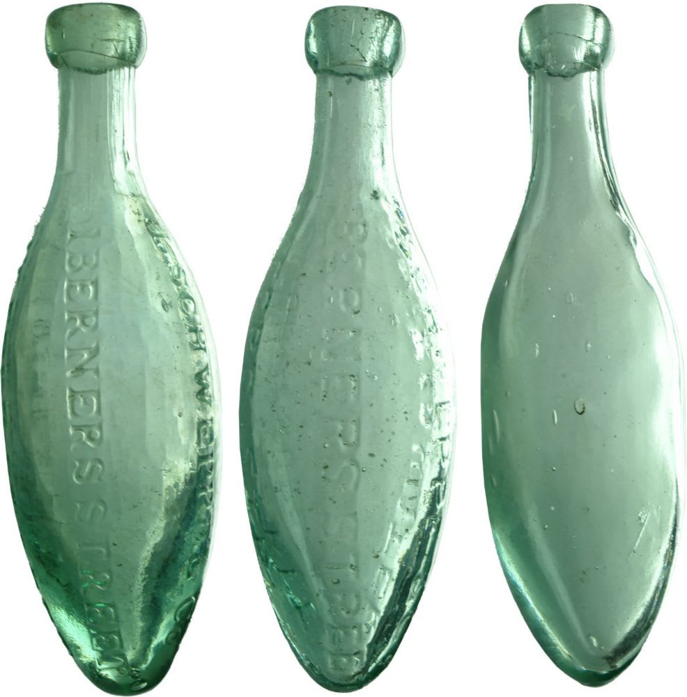 Three Torpedo Bottles: 2 x diferent J. Schweppe & Co. and a plain one.