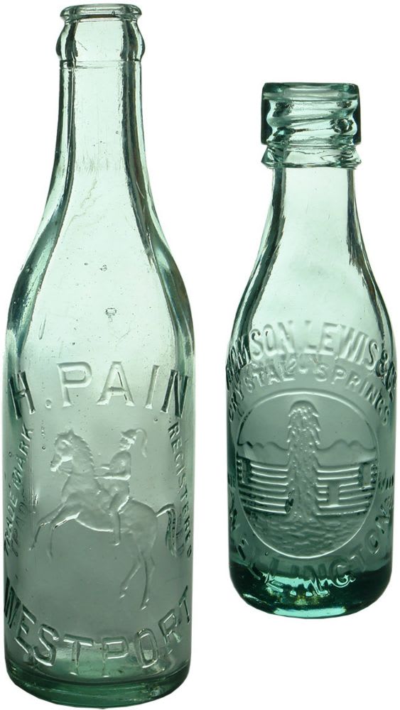 Pair of New Zealand Aerated Waters. Pain, Westport and Thomson, Lewis & Co., Wellington. Crown Seal & Internal Thread.