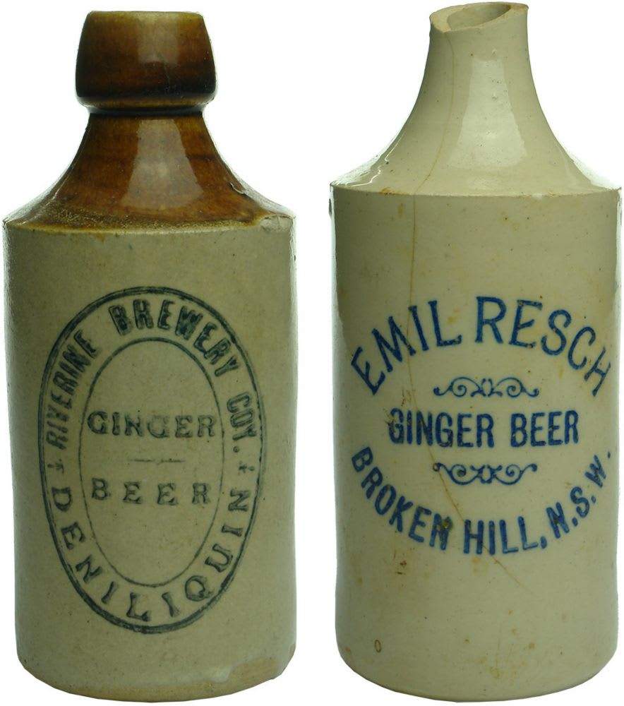 Pair of New South Wales Ginger Beers. Riverine Brewery and a broken but repairable Emil Resch all white crown seal.