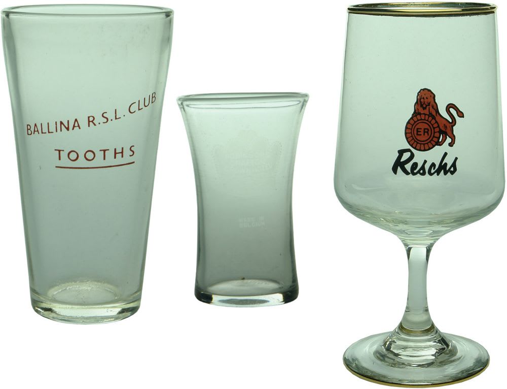 Three Glasses. Hotel and Beer Advertising. Ballina, Grafton & Resch's.