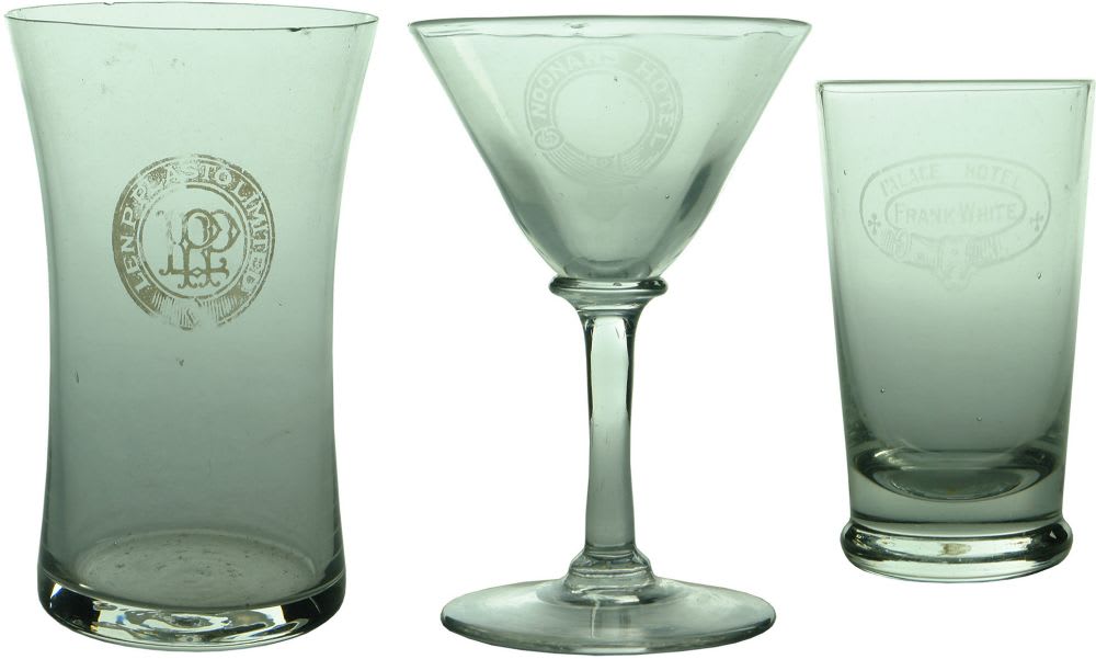 Three Hotelware glasses from New South Wales. Plasto's, Noonan's Hotel and Palace Hotel.