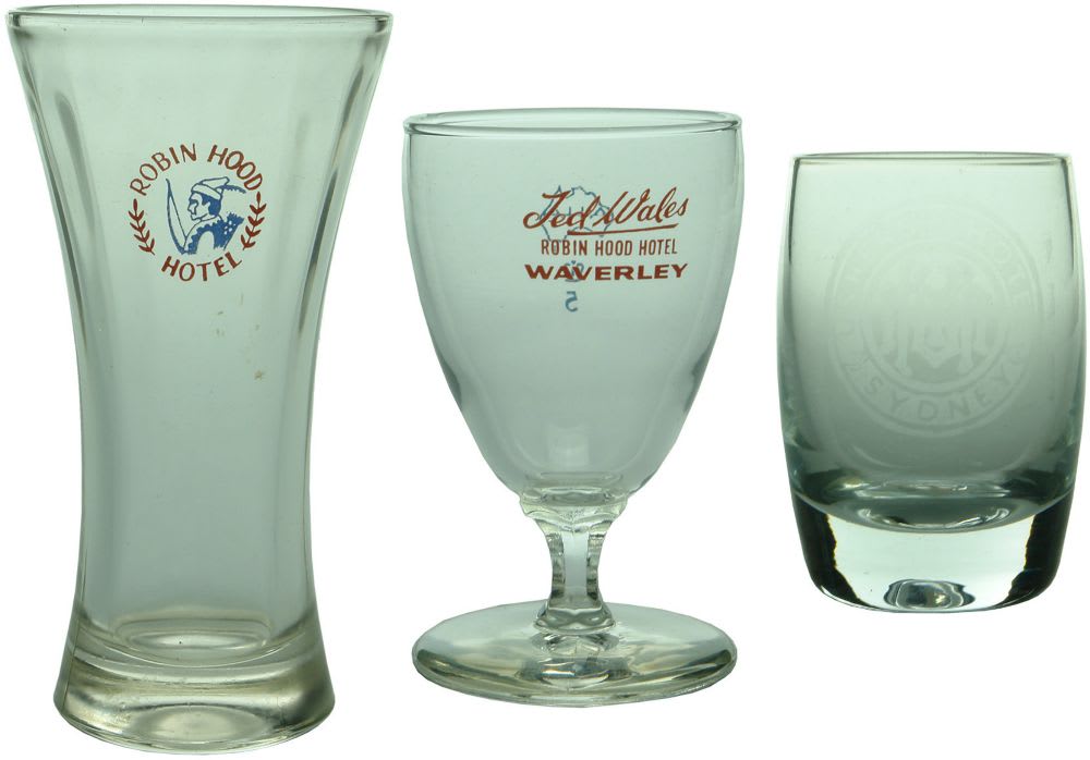 Three hotelware glasses from Sydney. Robin Hood and Ushers Hotels.