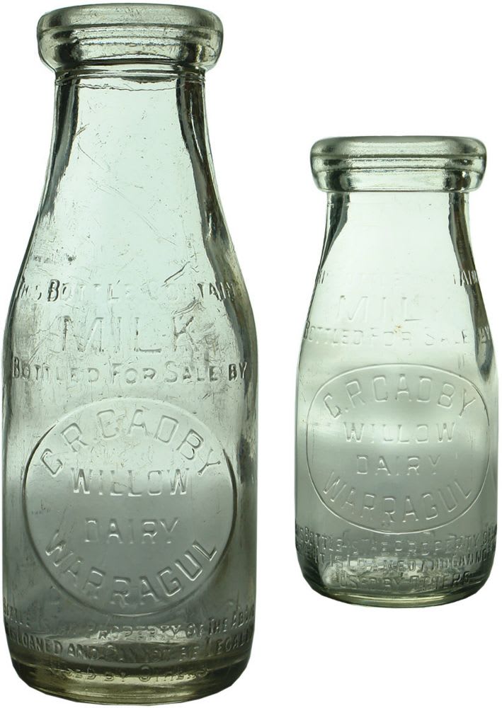 Pair of Warragul Milk Bottles. Cadby, Willow Dairy.