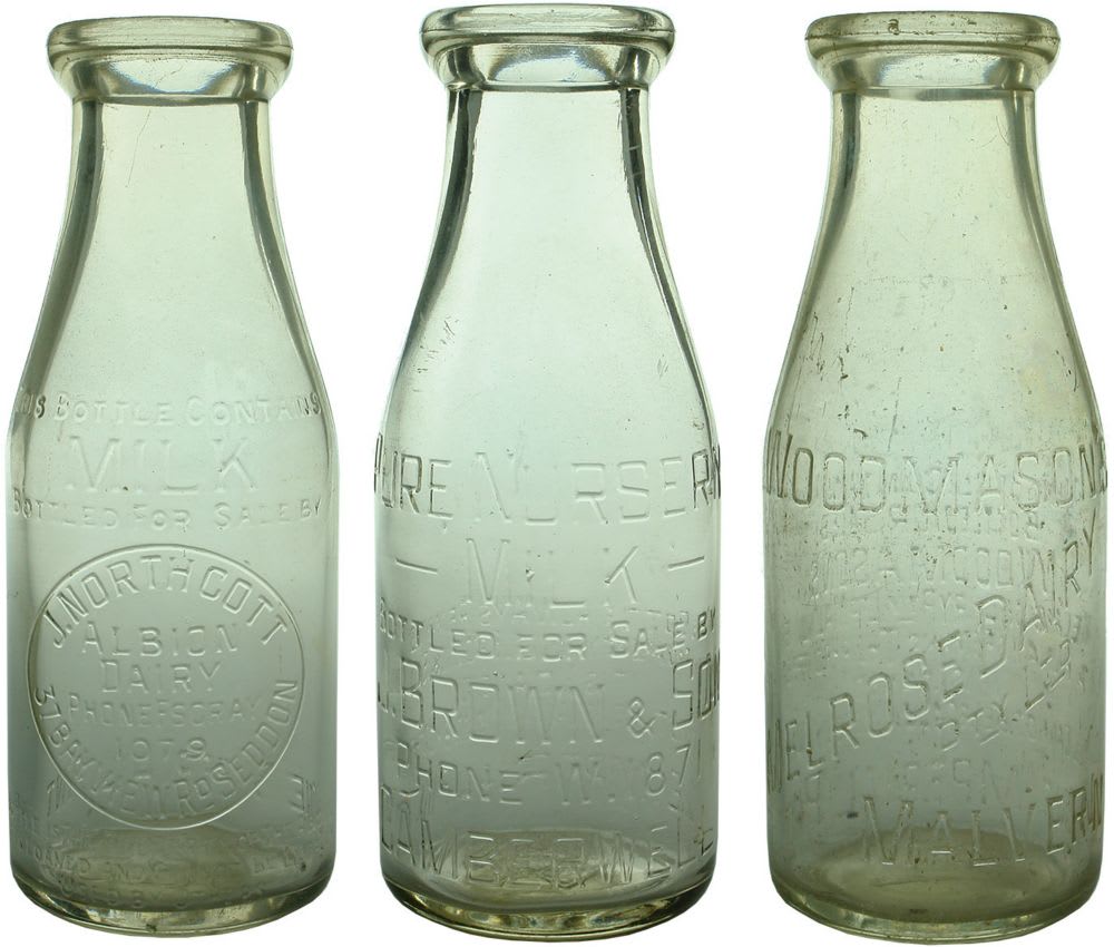 Three Milk Bottles. Pint. Northcott Albion Dairy Seddon. Brown, Camberwell. Woodmason's Malvern.