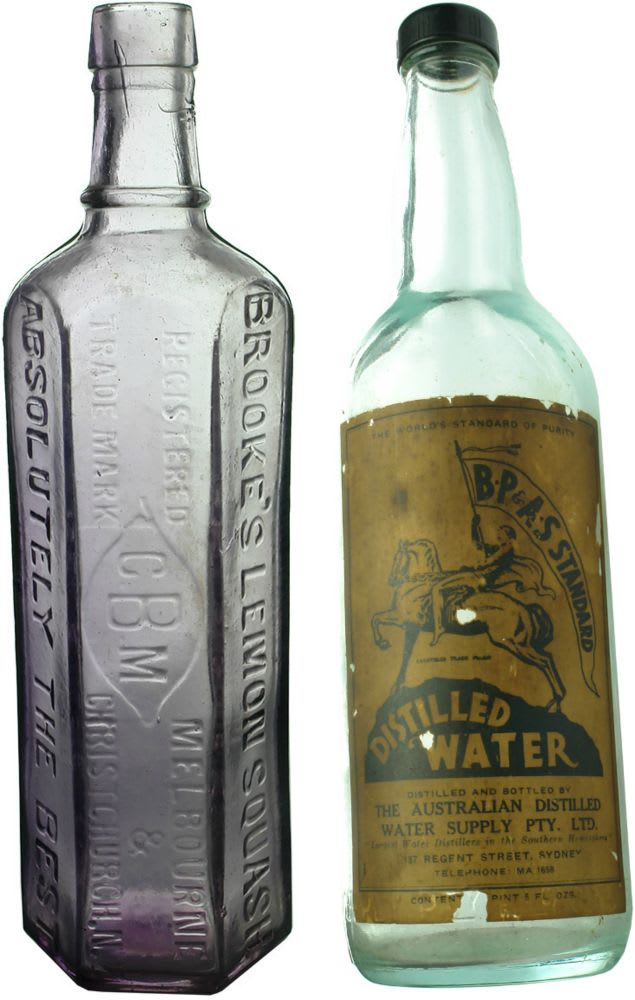 Pair of Household Bottles. Brooke's Lemon Squash & Australian Distilled Water.