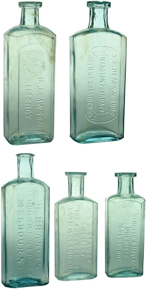 FIve Melbourne Chemist Bottles.