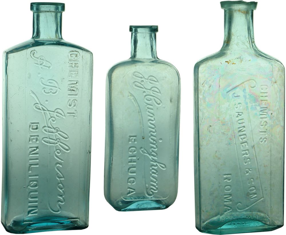 Three Chemist Bottles. Jefferson, Deniliquin. Cunningham, Echuca and Saunders, Roma.