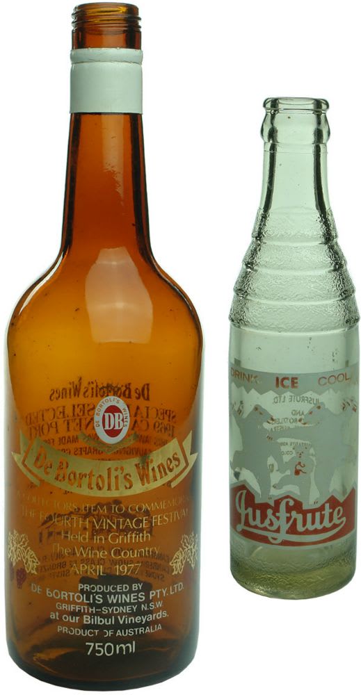 Pair of Ceramic Label Bottles. De Bortoli's Fourth Vintage Festival, Griffith, 1977 and Jusfrute crown seal.