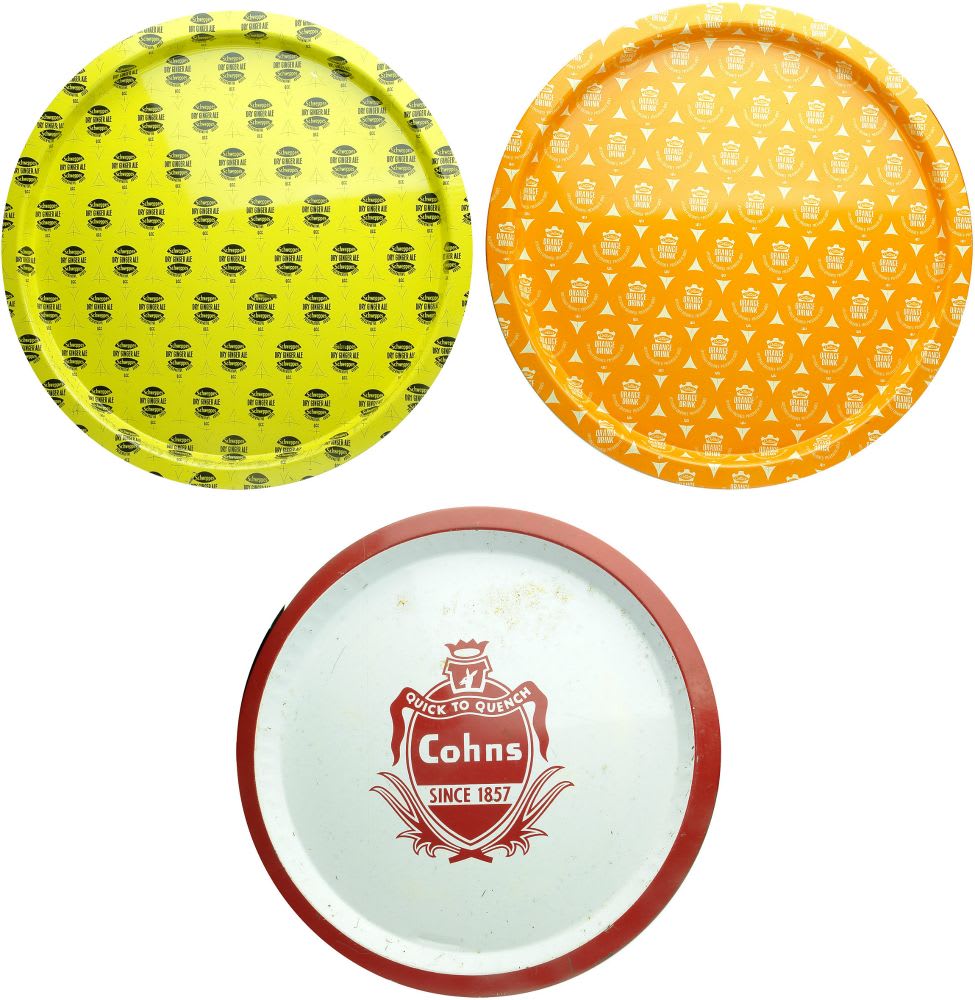 Three Advertising Serving Trays. Schweppes, Cottees, Cohns.