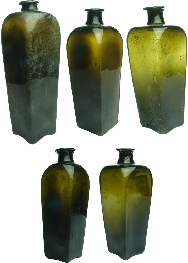 Five Early Gin Bottles. one AH seal and the rest plain.