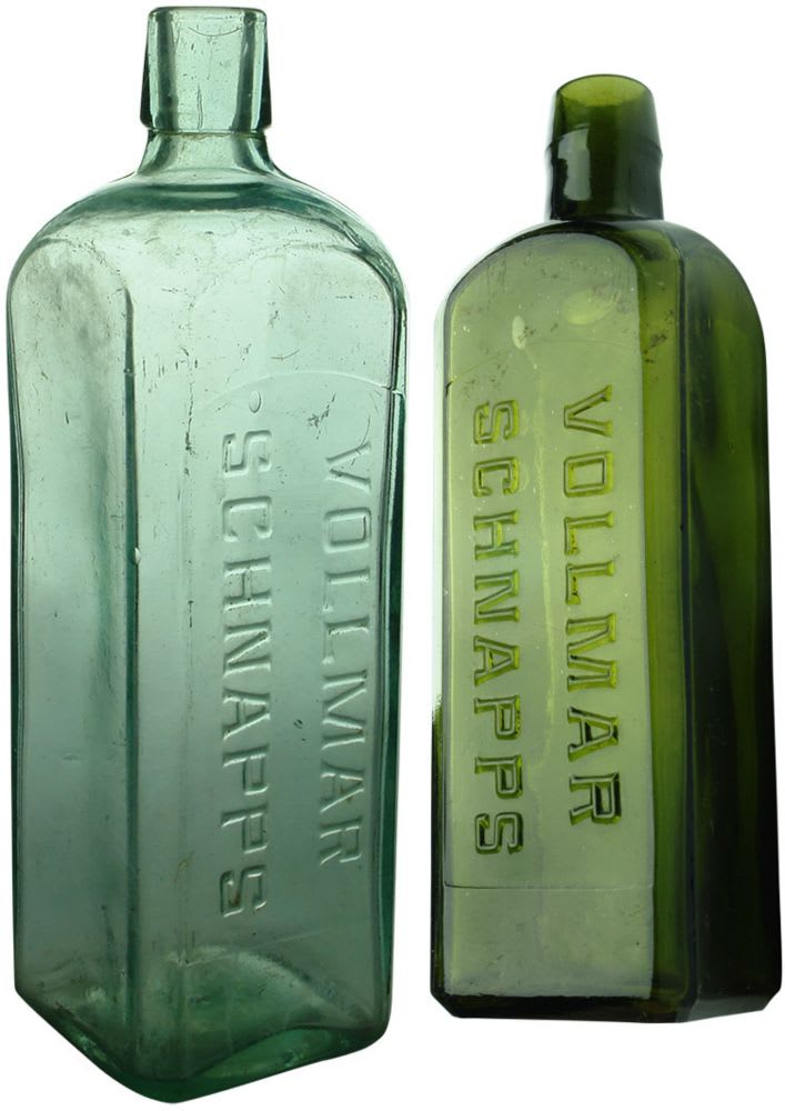 Pair of Vollmar Schnapps. Large & Small. Aqua & Green.