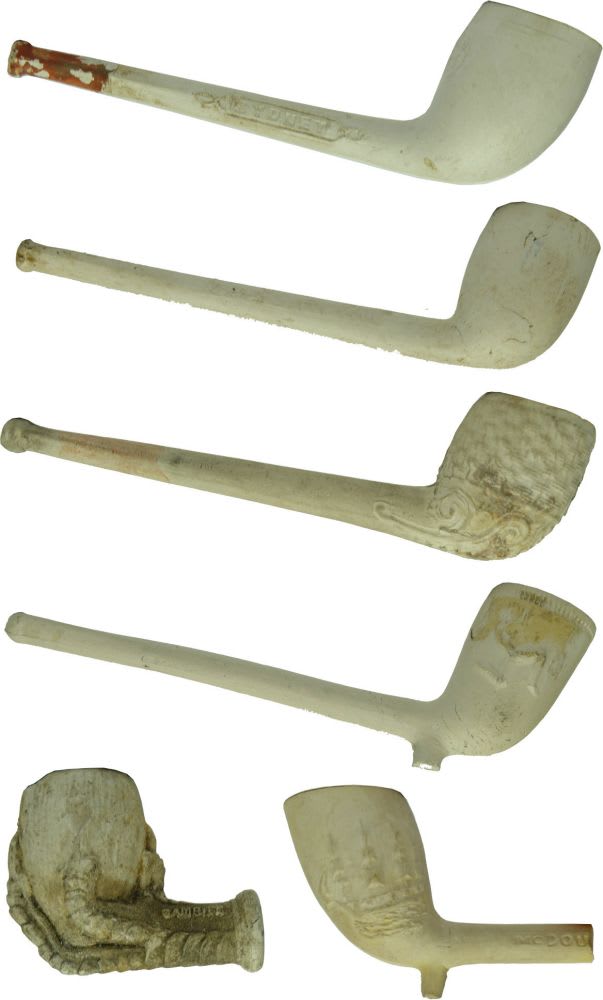 Six Old Clay Pipes. Penfold, Sydney. White Glasgow. etc.