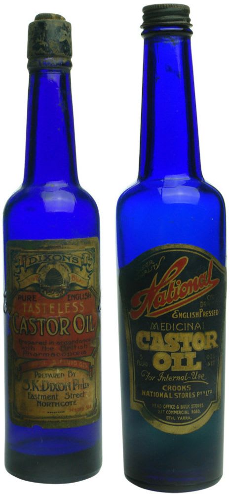 Pair of labelled castor oils. Dixon, Northcote and Crooks National Stores, South Yarra.