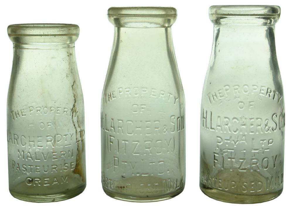 Three different small Larcher, Fitzroy milk bottles.