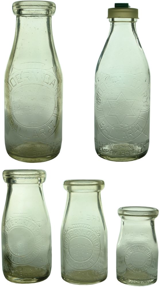 Five different Modern Dairy Ballarat Bottles