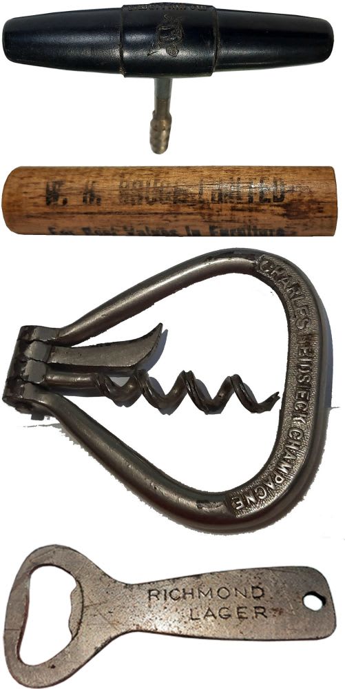 Four advertising Corkscrews and a bottle opener. McWilliams, Bruce Limited, Brooke's Lemos, Charles Heidsieck, Richmond Lager.