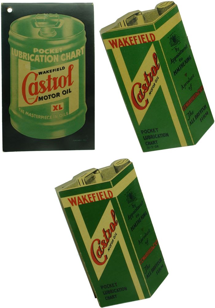 Three different Wakefield Castrol Motor Oil Pocket Lubrication Charts