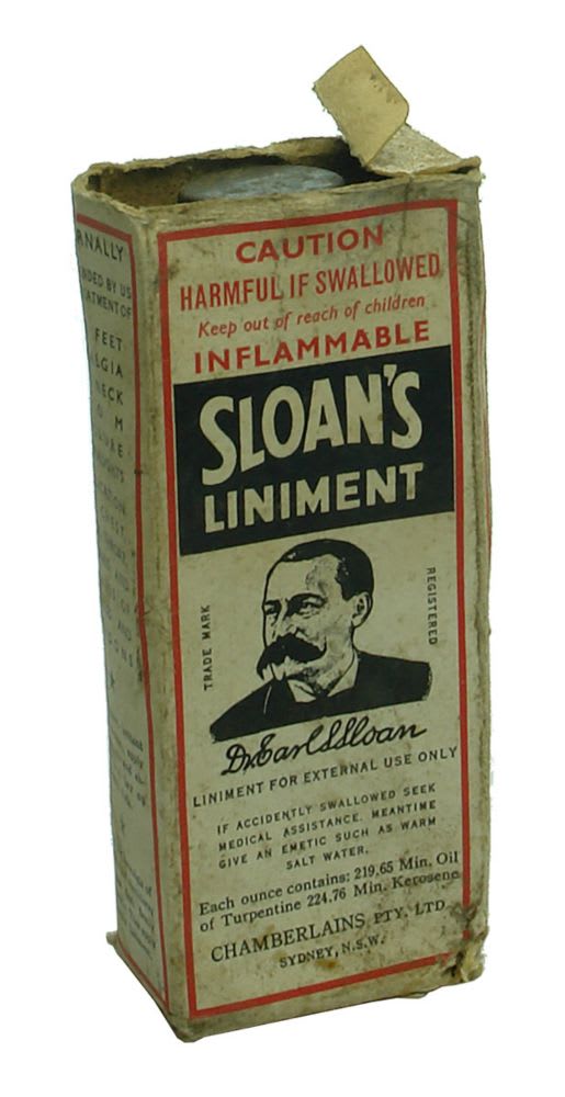 Sloan's Liniment, Chamberlain's Sydney. Labelled bottle and box.