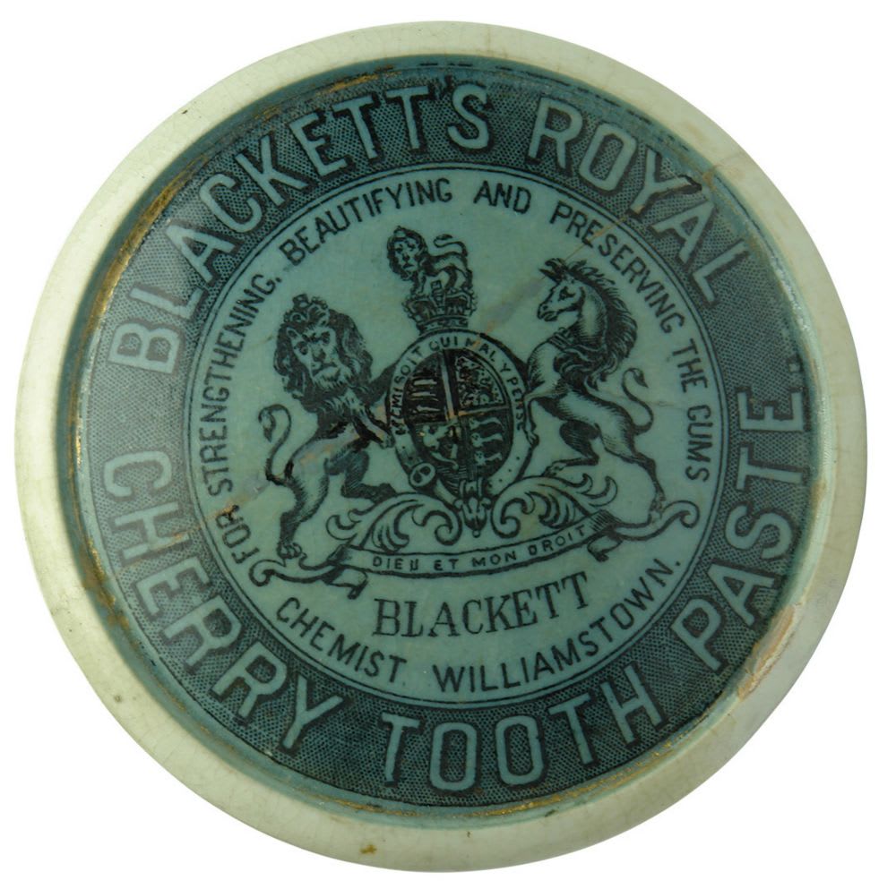 Pot Lid. Blackett's Royal Cherry Tooth Paste. Williamstown. Blue & Black.