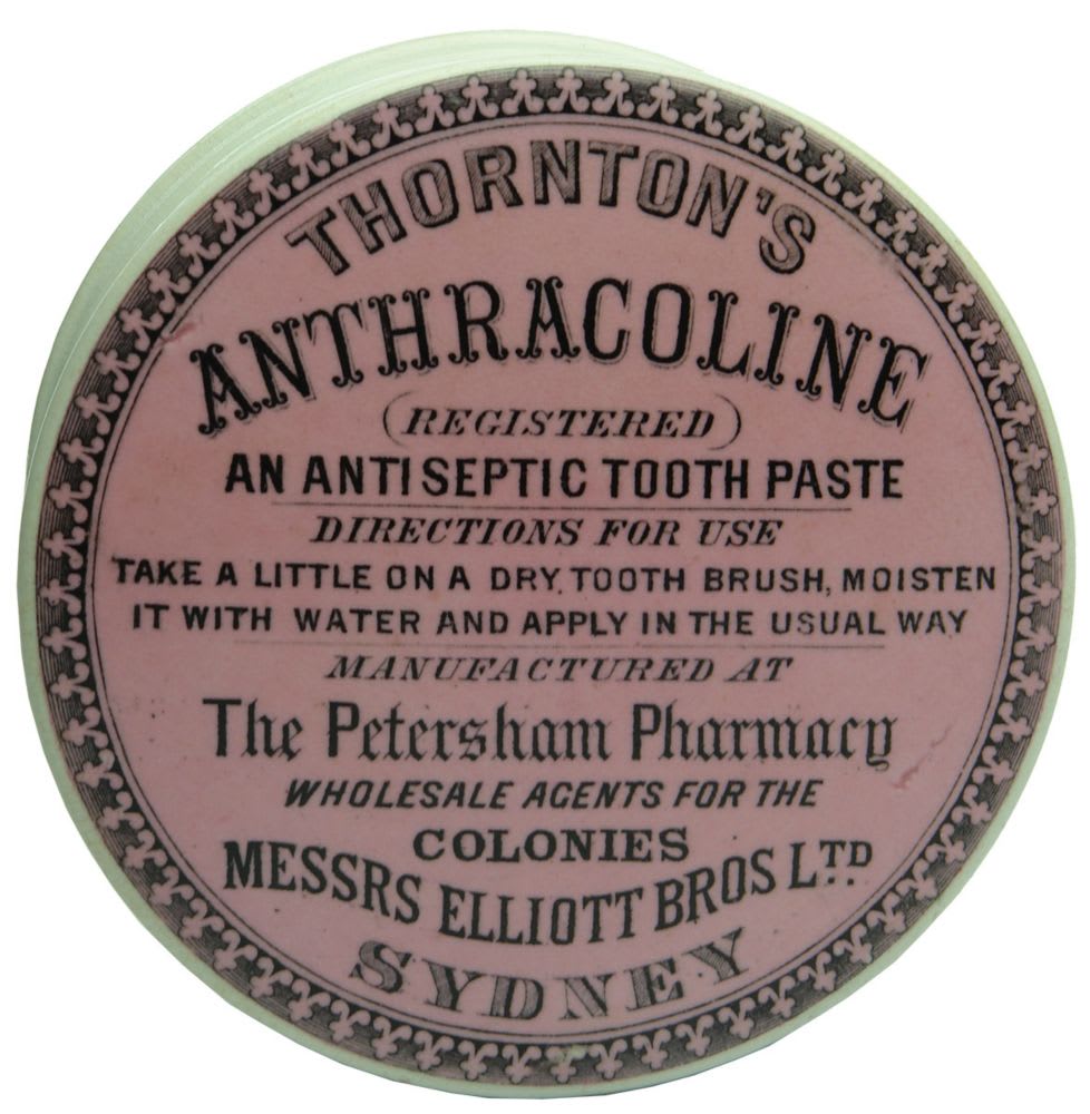 Thornton's Anthracoline, Elliott Bros Ltd, Sydney Pink Pot Lid with Black Print.