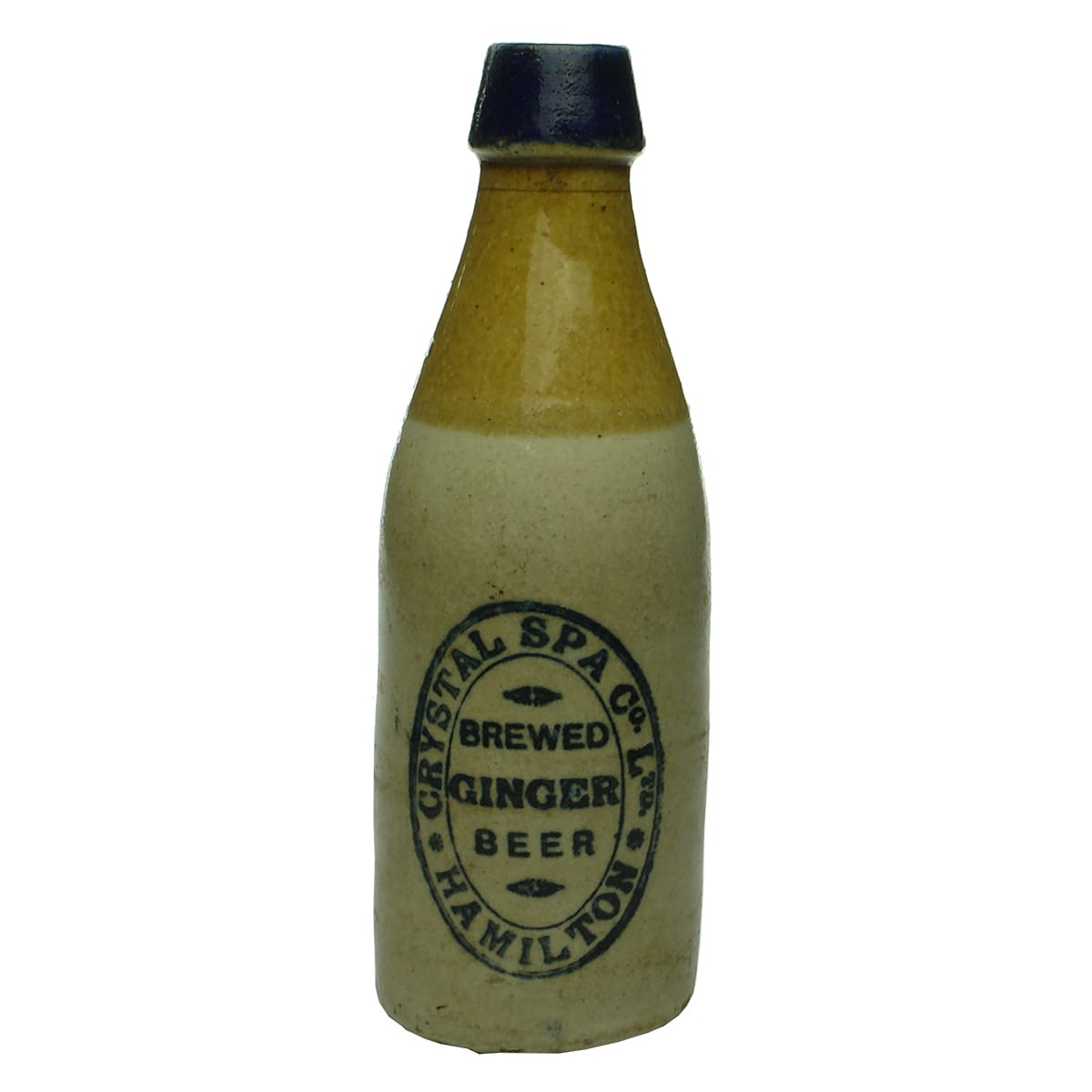 Ginger Beer. Crystal Spa Co., Hamilton. Champagne. Tri-colour. Blue Lip. 10 oz.