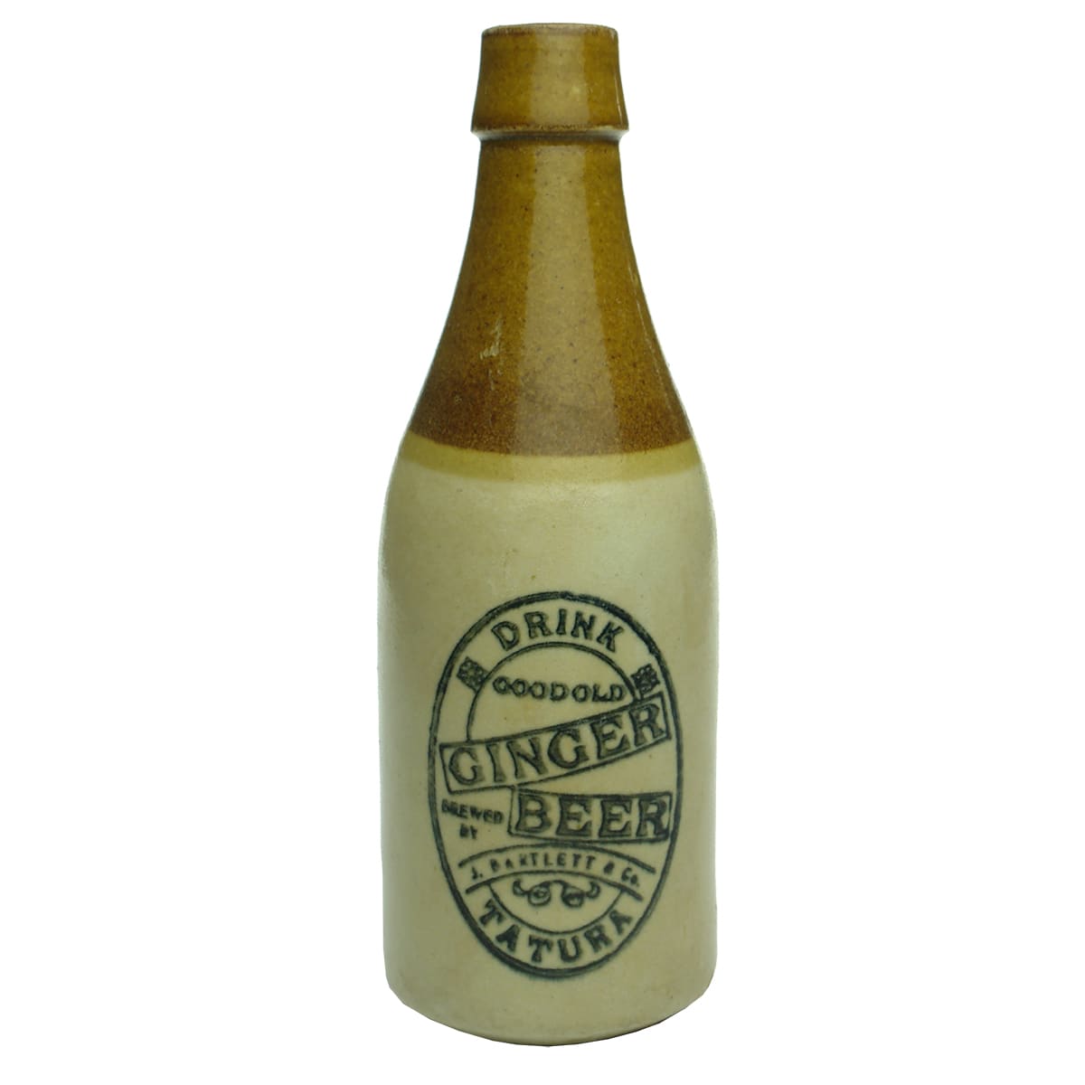 Ginger Beer.  J. Bartlett & Co., Tatura.  Champagne.  Cork stoppered.  Tan top.