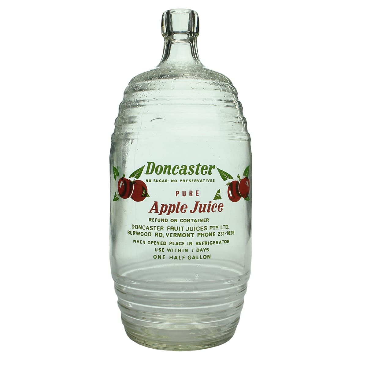 Barrel. Doncaster Pure Apple Juice. Ceramic Label. 1/2 Gallon.