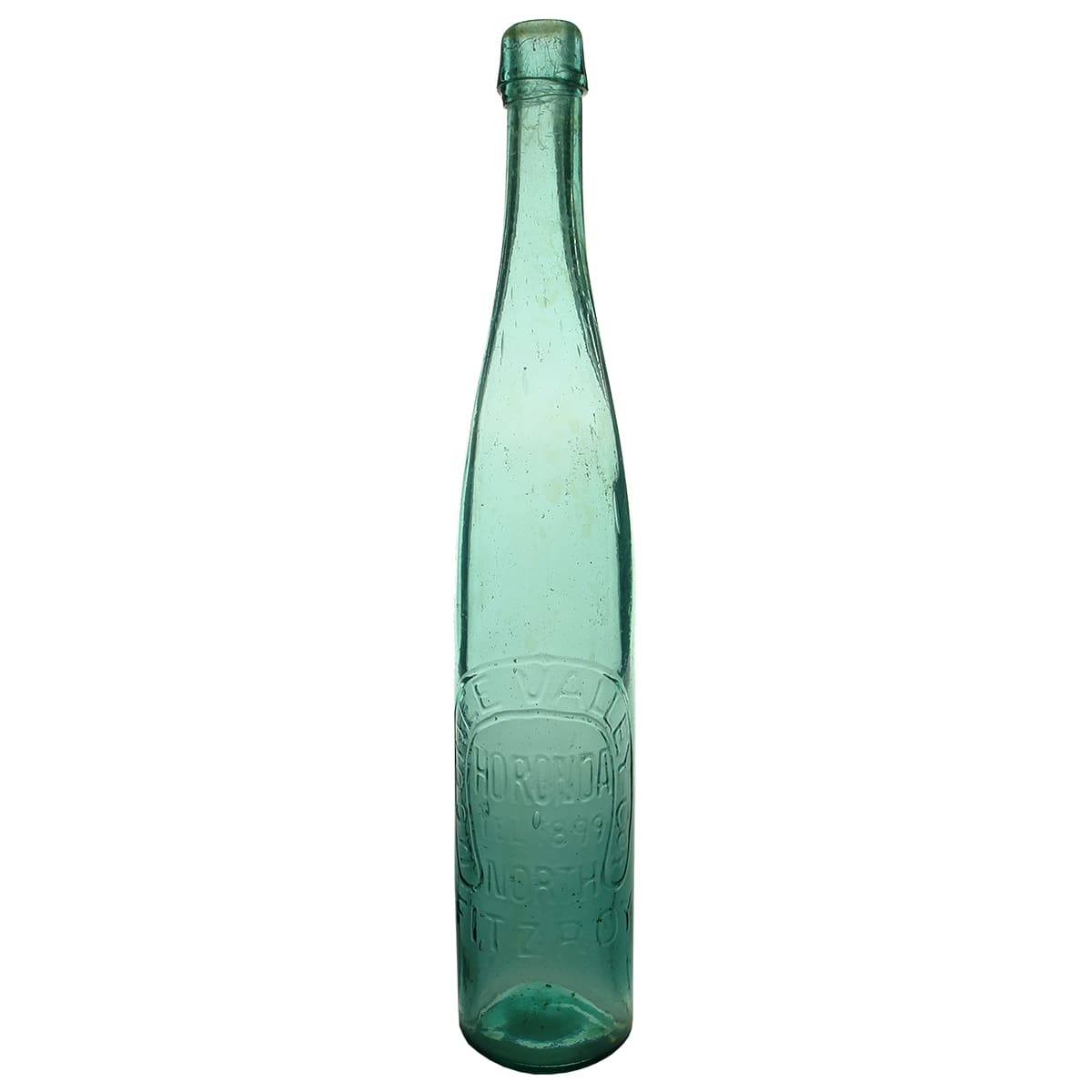 Tall Cork Stoppered Bottle. Moonee Valley, North Fitzroy. Horonda. Aqua. 26 oz.