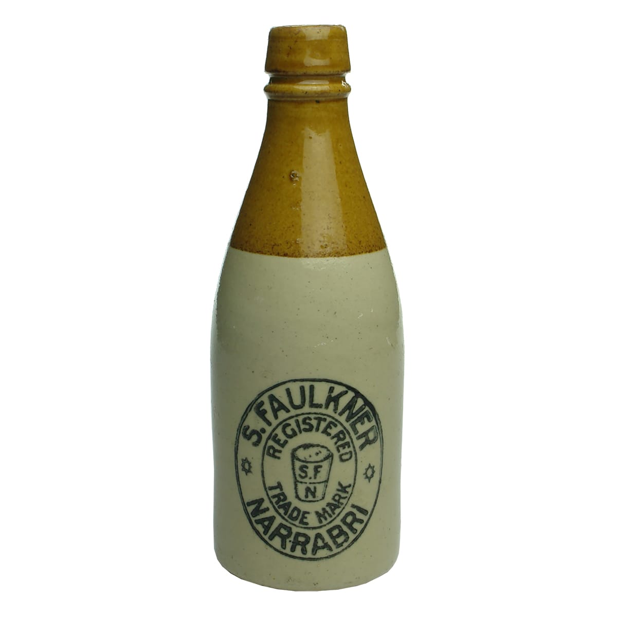 Ginger Beer. S. Faulkner, Narrabri. Cork stopper. Champagne. Tan top.
