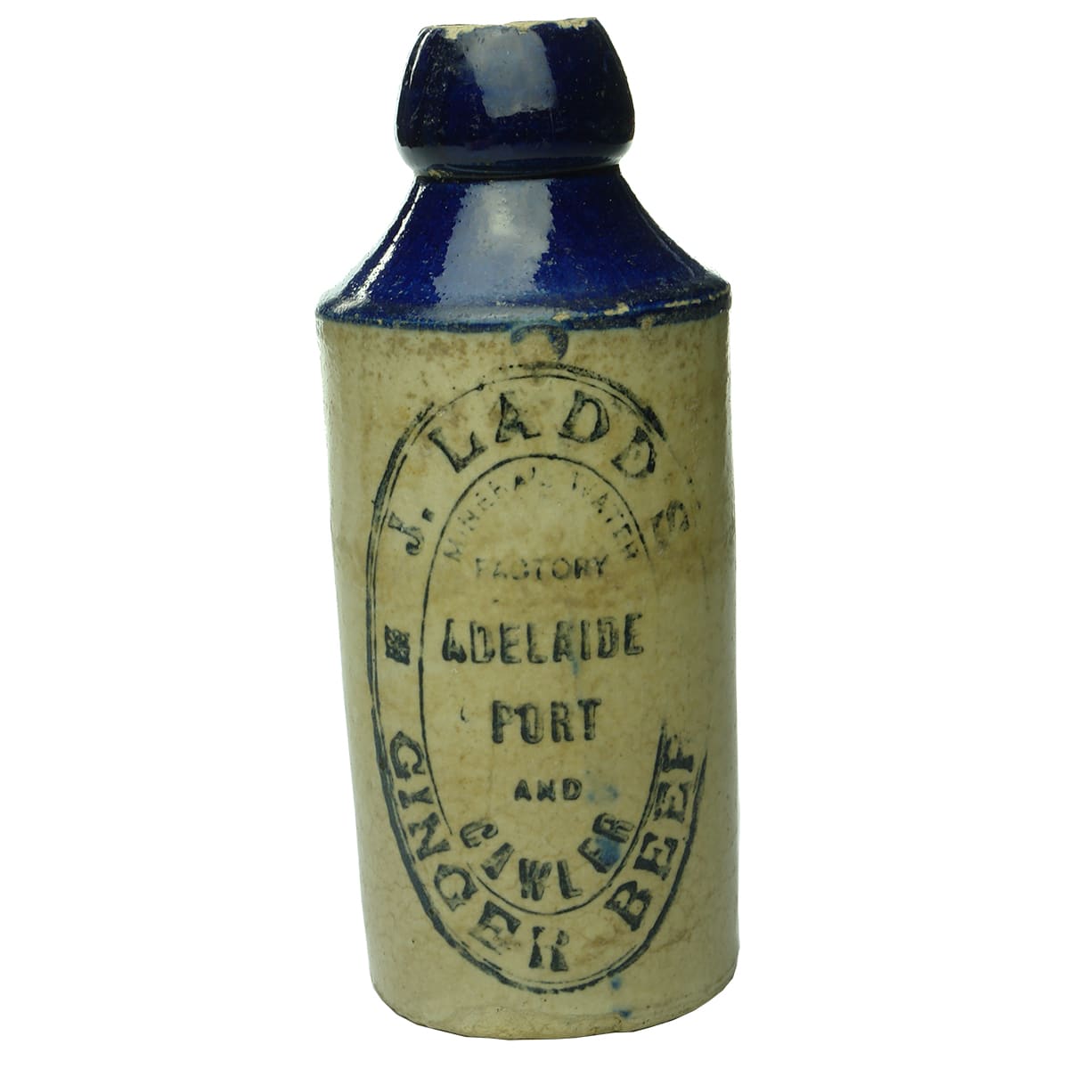 Ginger Beer. J. Ladd's, Adelaide, Port and Gawler. No trade mark. Cork stopper. Blue Top. 10 oz.