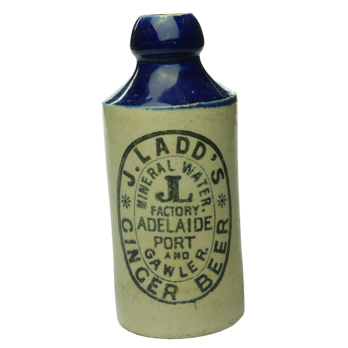 Ginger Beer. J. Ladd's, Adelaide, Port and Gawler. Cork stopper. Blue Top. Fowler. 10 oz.