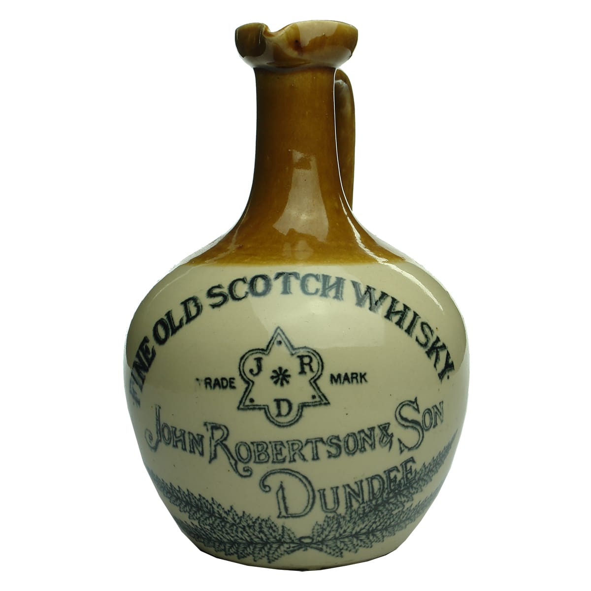 Whisky Jug. John Robertson & Son, Dundee. Handled jug with pouring lip. Tan top.