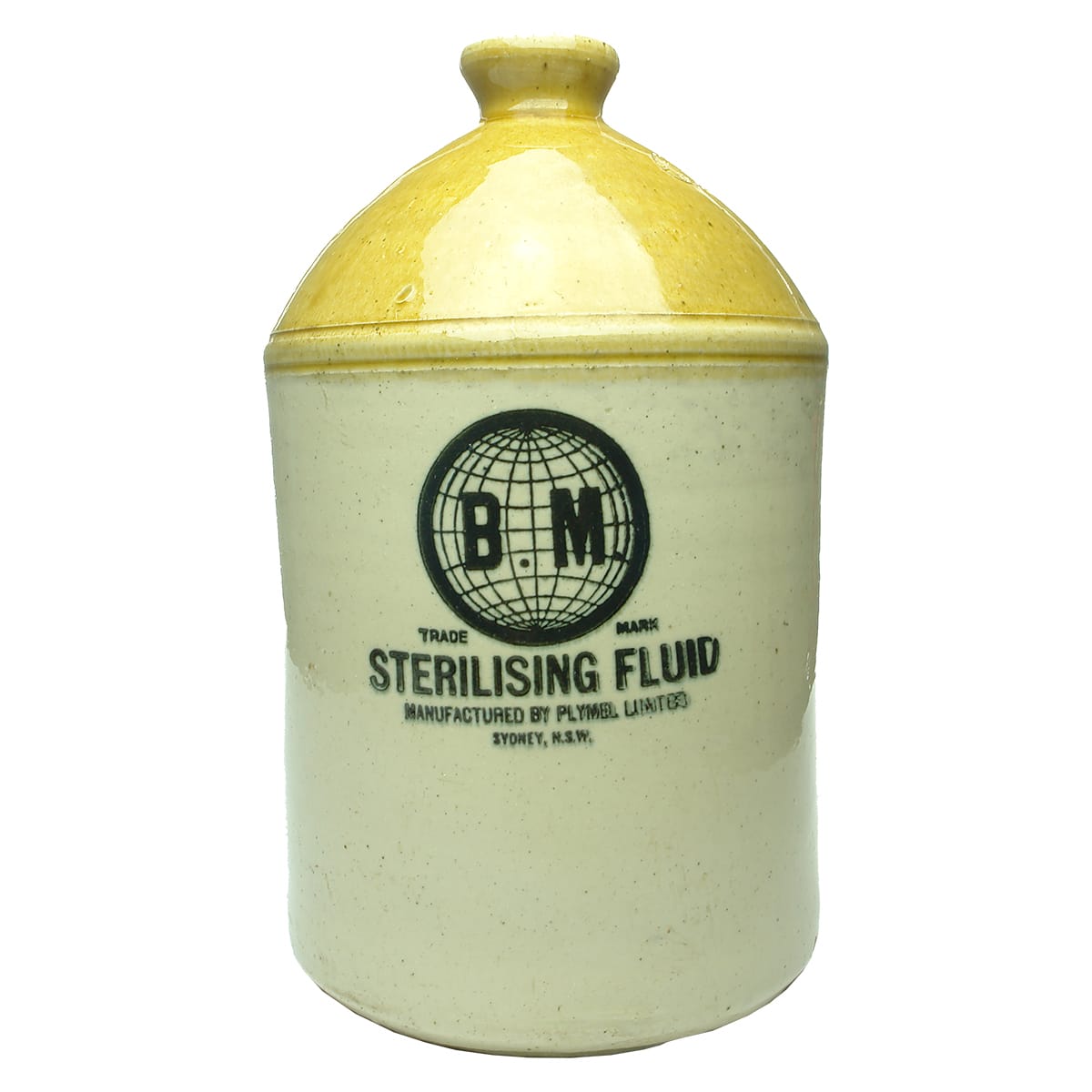 Demijohn. B. M. Sterilising Fluid, Plymel Limited, Sydney. Tan Top. 1 Gallon.