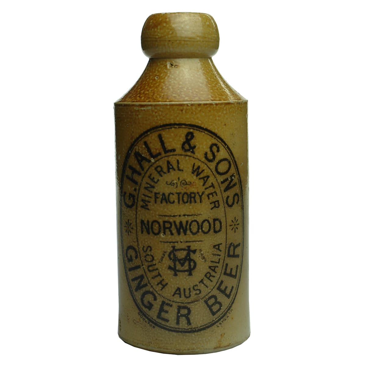 Ginger Beer. G. Hall & Sons, Norwood. Cork stopper. Salt Glaze.