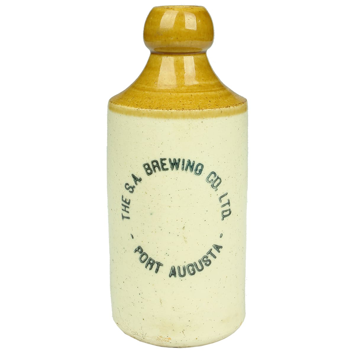 Ginger Beer.  S. A. Brewing Co. Ltd., Port Augusta. Cork stopper. Dump. Tan top.