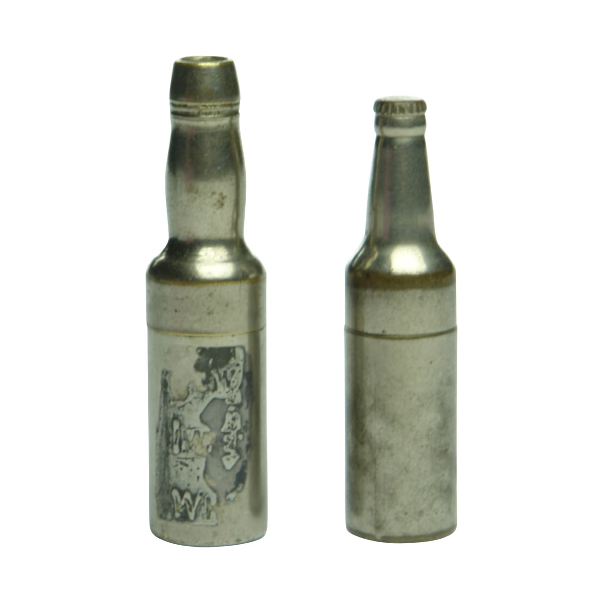Small metal bottle shaped corkscrew and cigarette lighter