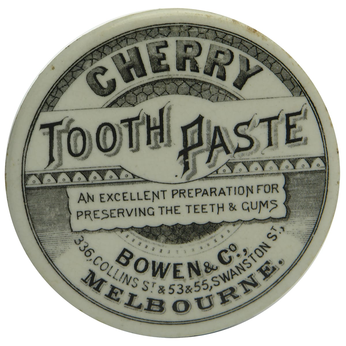 Pot Lid. Bowen, Melbourne. Cherry Tooth Paste.